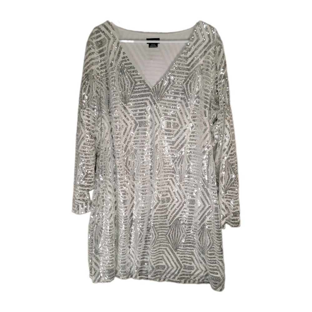 City Chic Dress Womens XL 22 Silver White Sequin Art Deco V-Neck Cocktail Midi